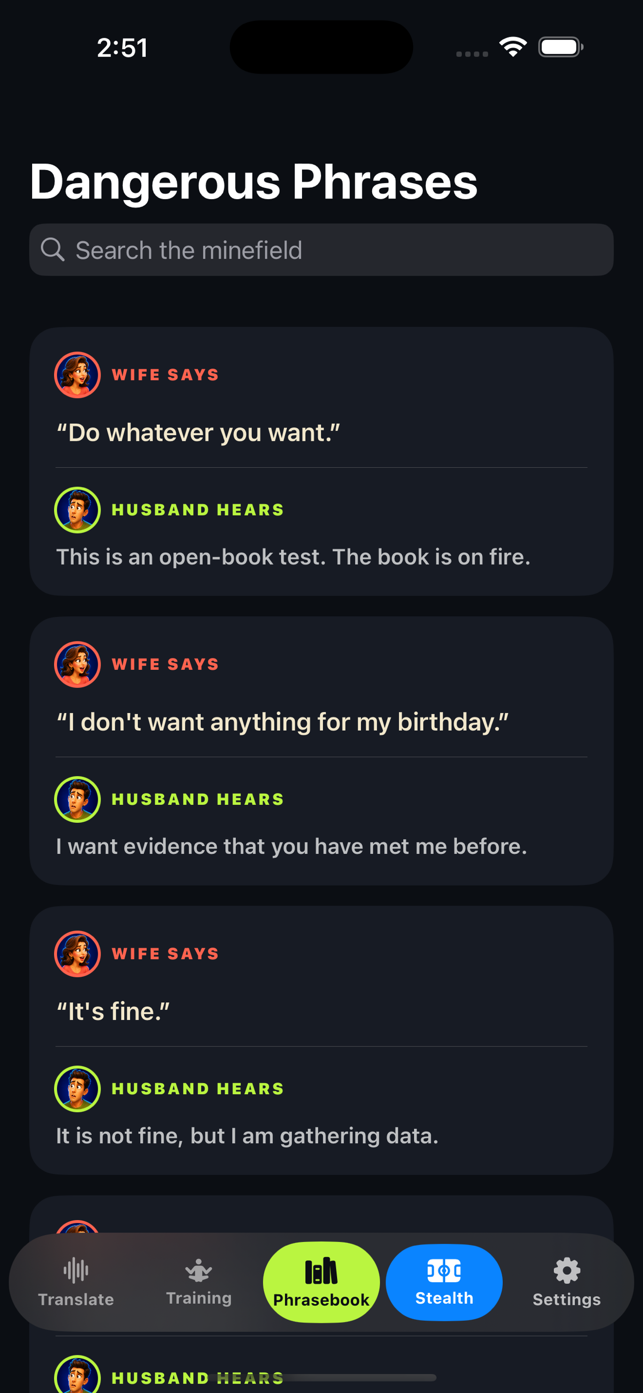 Wife Translator phrasebook screen